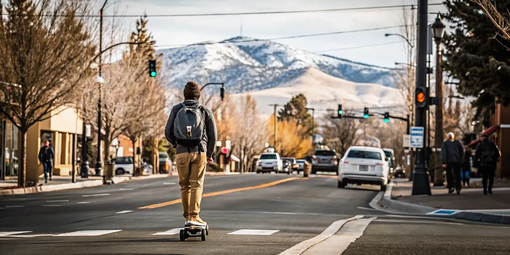 Electric skateboard rider commuting on a paved Bend Oregon path with mountain views
