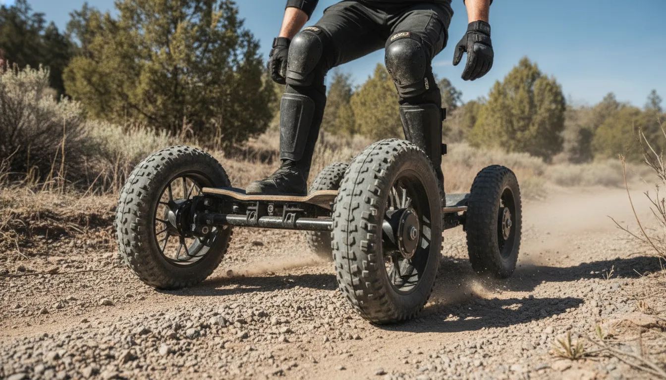 Rider evaluating an off-road electric skateboard on varied terrain