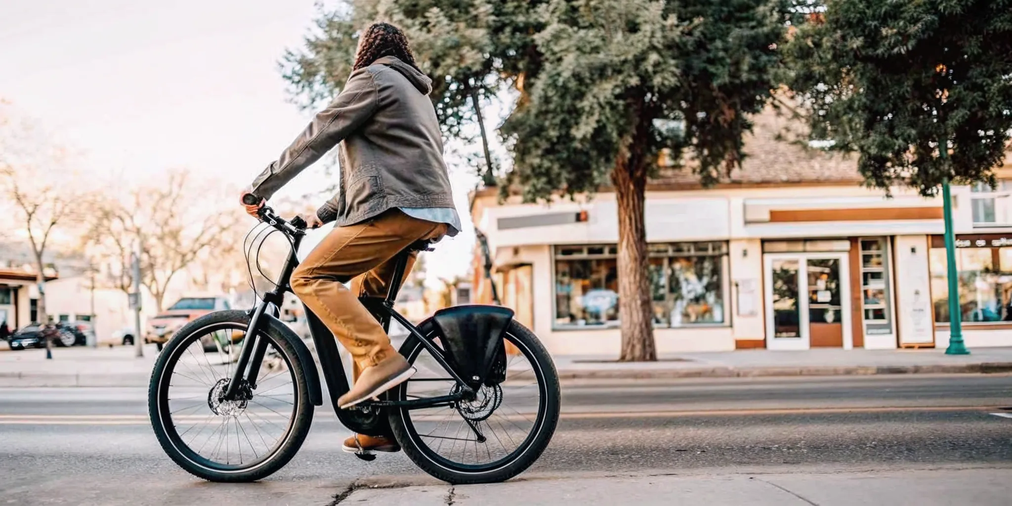 Rider cruising comfortably on an electric bike along a flat Bend street, showing relaxed throttle-style riding