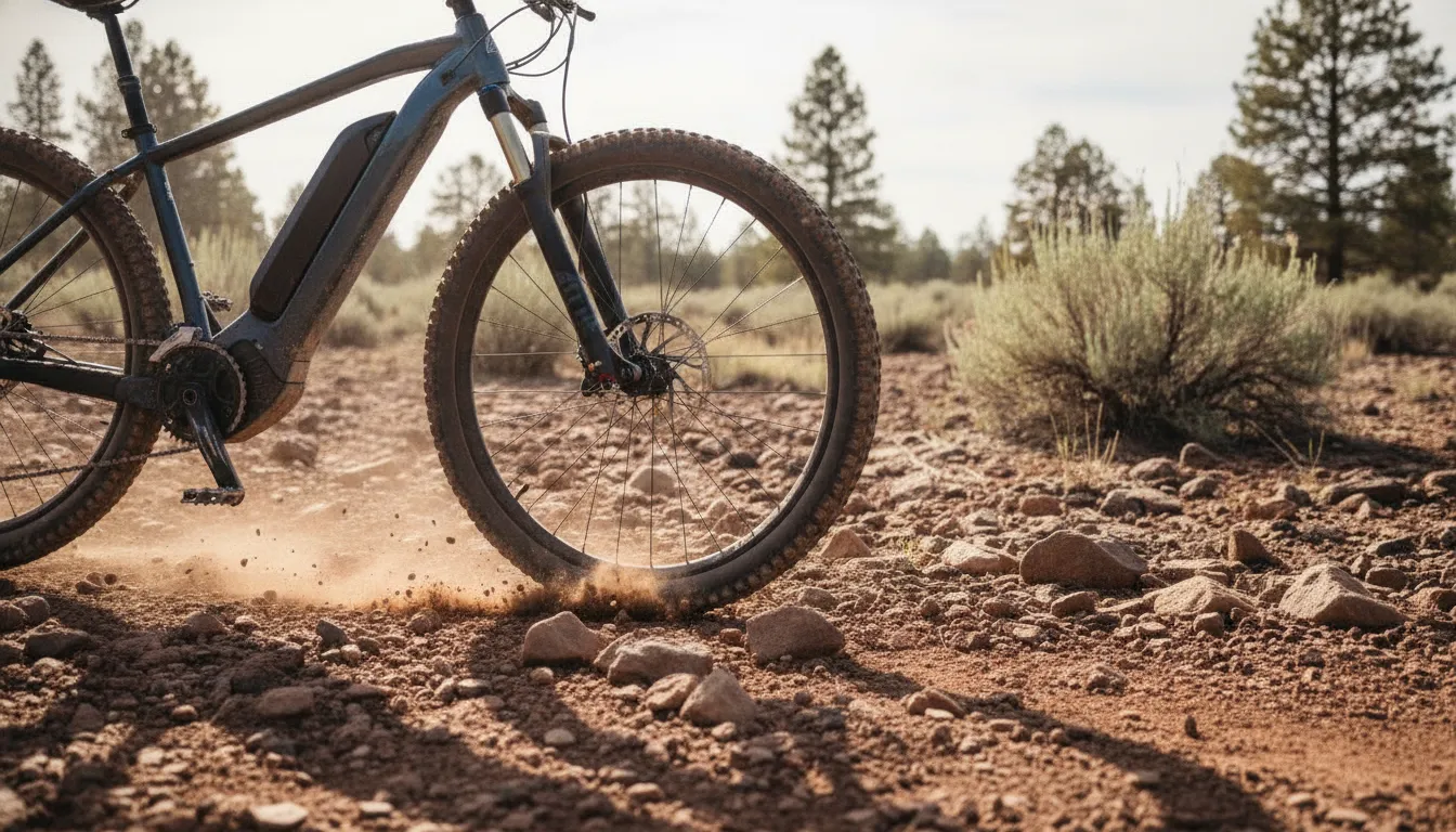 Off-road e-bikes Central Oregon tires and suspension on a rocky trail