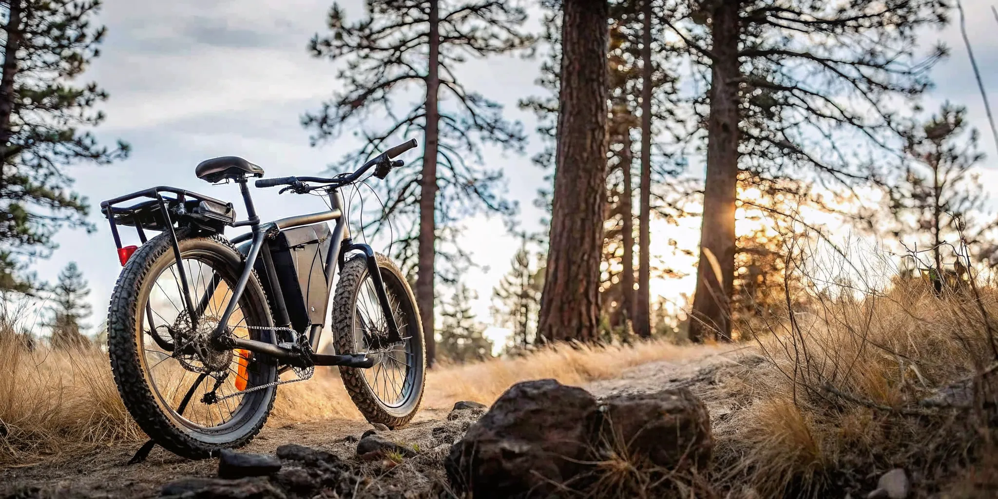 Segway Xafari Hunt Bike on a rocky forest trail in Central Oregon with fat tires and cargo rack