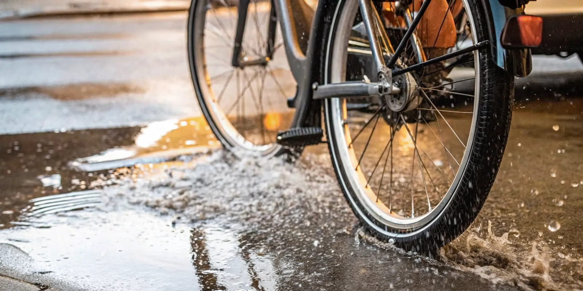 Electric bicycle wheel and fender splashing through a puddle on a wet road showing water resistance