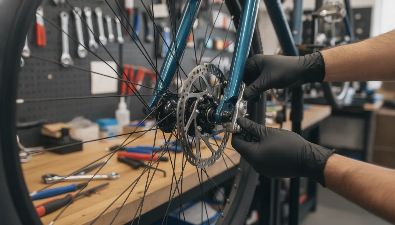 Mechanic installing a new brake pad caliper on an electric bike wheel in a bike workshop
