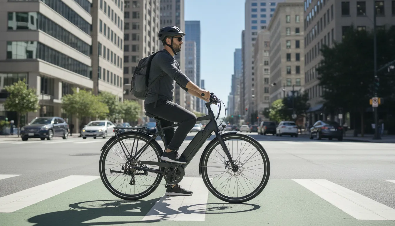 Rider on a torque-sensing e-bike for city riding on a Bend bike path at a street crossing