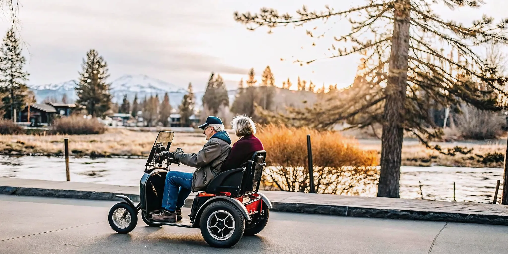 Older adults riding an electric trike for adults on a paved trail near Bend, Oregon