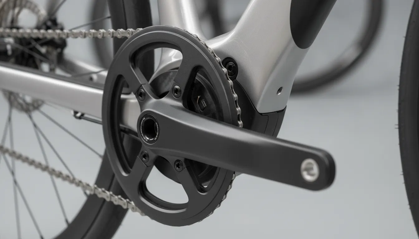 Close-up of an electric bike crank and bottom bracket where the torque sensor measures pedal force