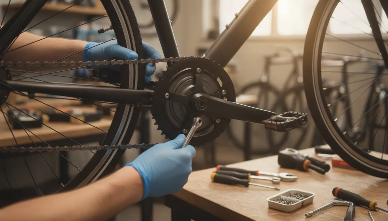 Torque-sensing ebike motor and crank assembly being serviced by a certified technician