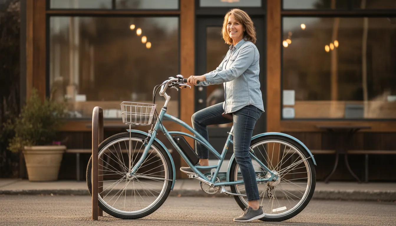 A rider stepping onto a low step-through cruiser electric bike, showing the easy mounting that reviewers highlight