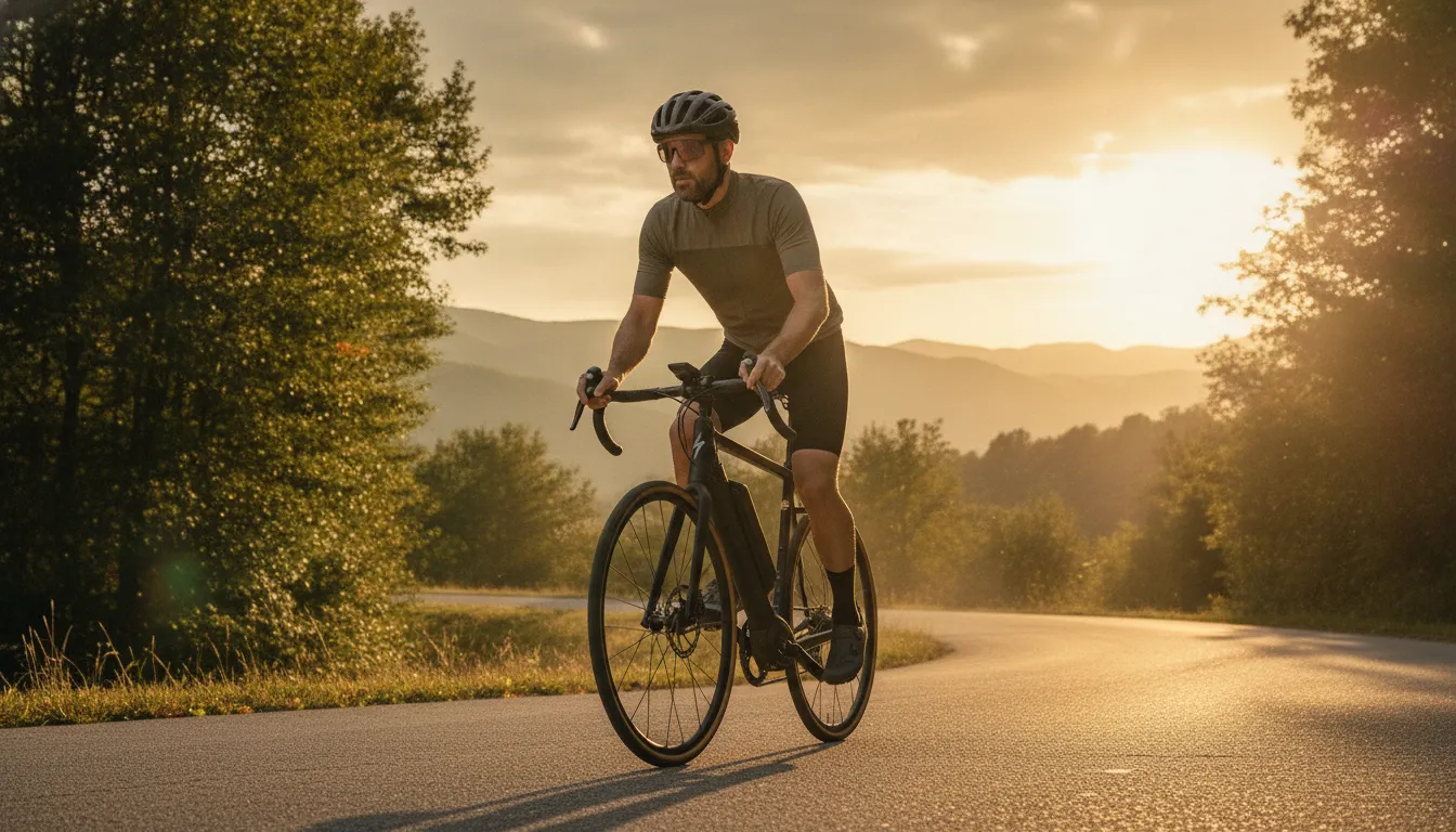 Rider climbing a hill on a torque-sensing electric bike near Central Oregon mountain views