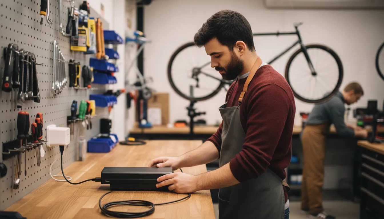 Technician connecting an electric bike battery to a wall charger in a clean workshop