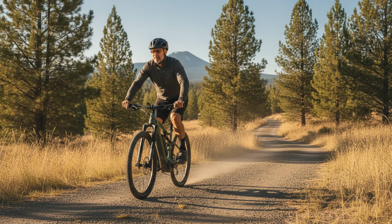 Rider pedaling a torque-sensing electric bike smoothly along a Central Oregon path