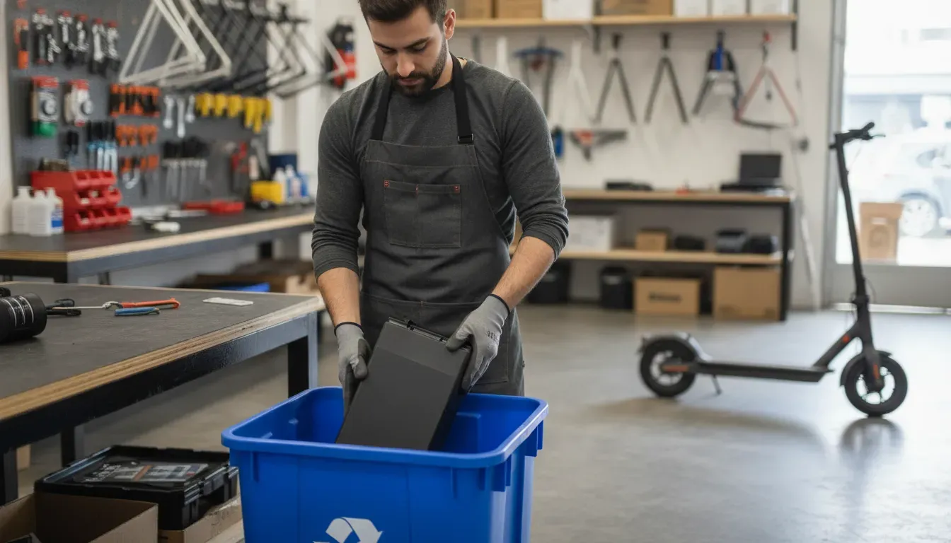 Technician preparing a safe scooter battery recycling handoff