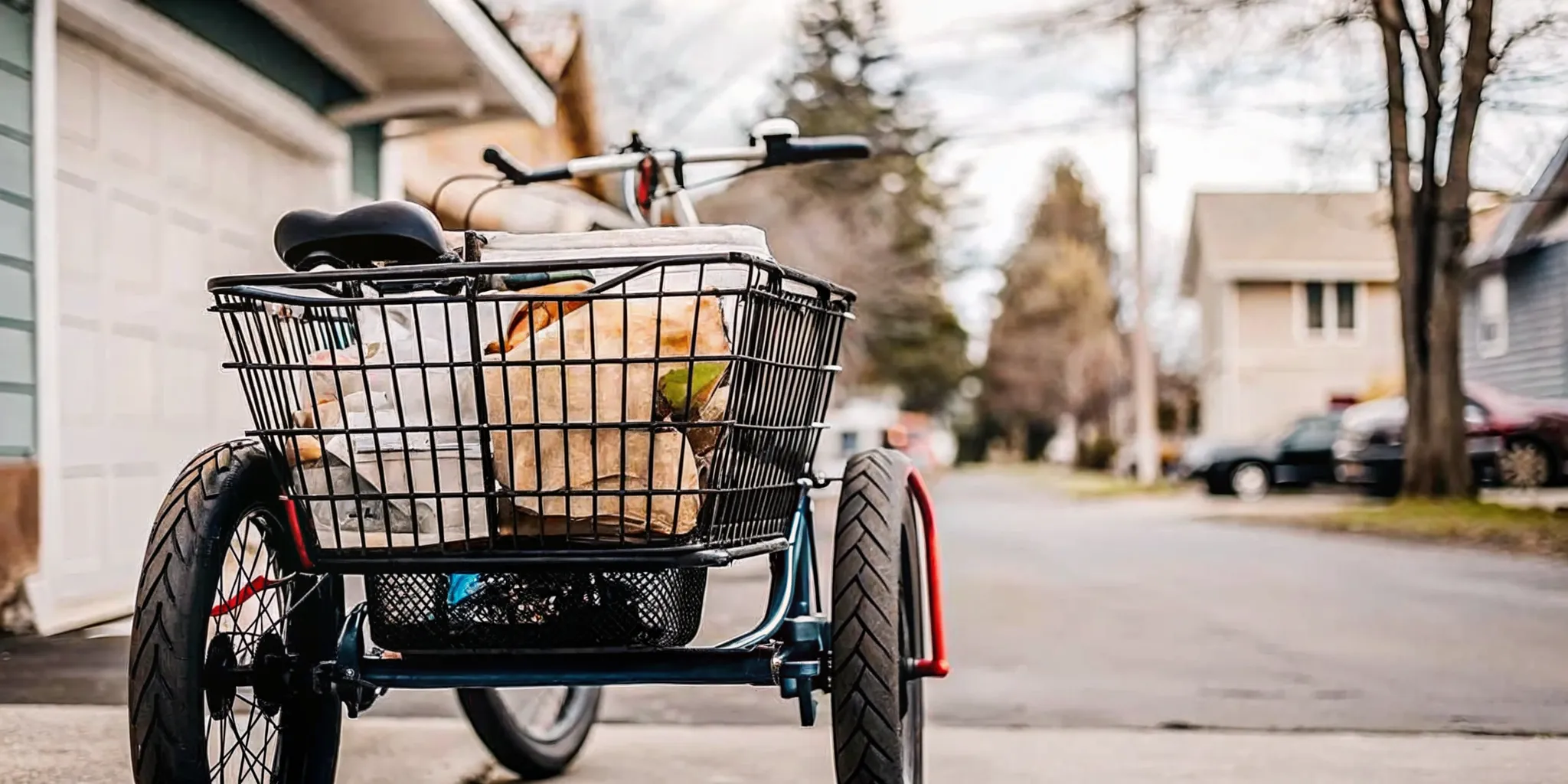 Adult electric trike with a cargo basket on a quiet Bend neighborhood street