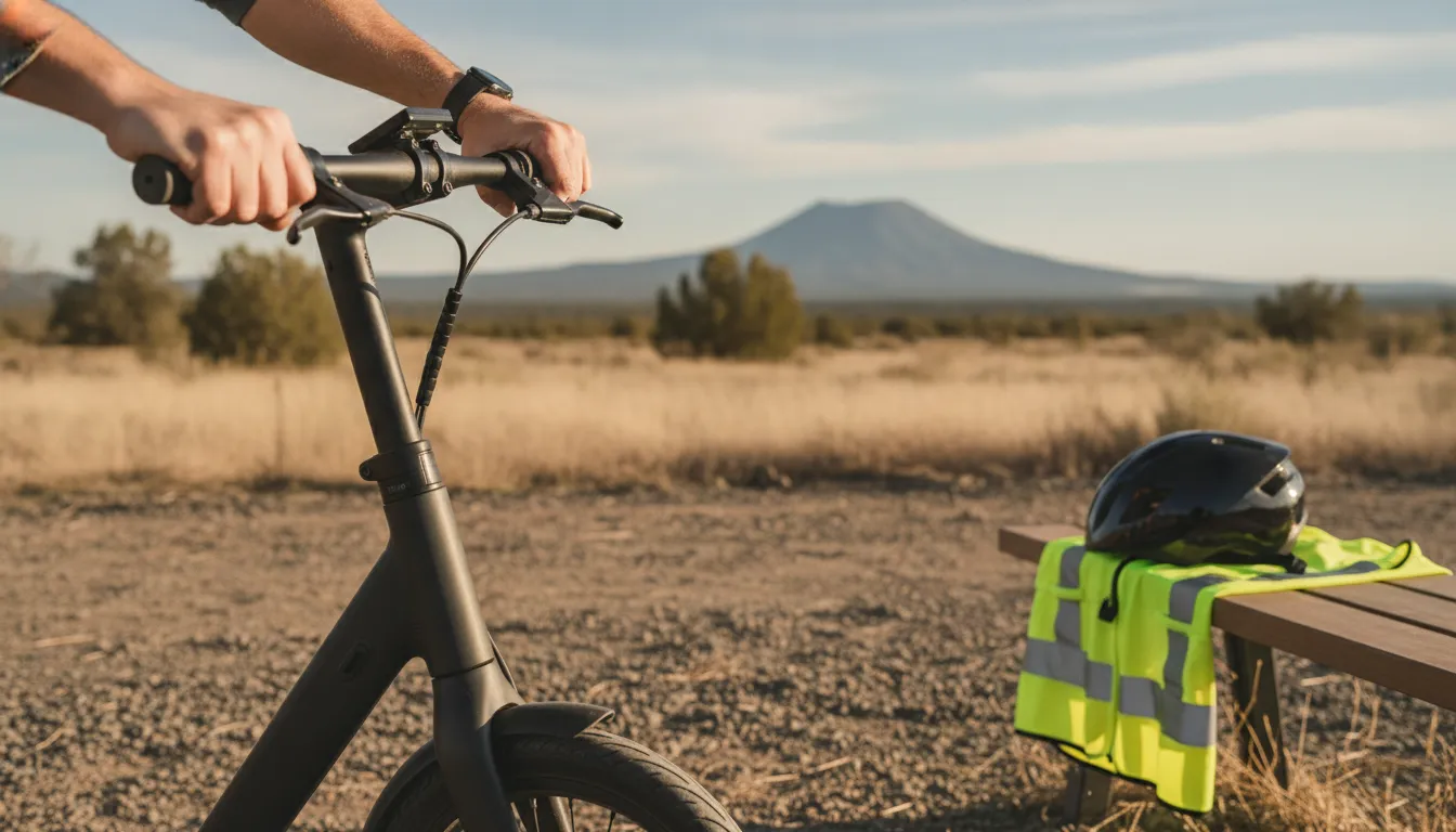 Adult rider checking an electric scooter brake lever and front tire before a Bend Oregon ride