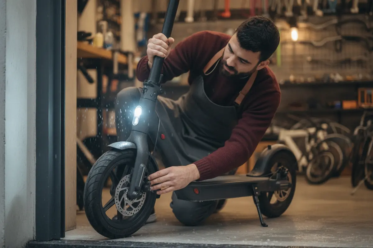 Rider checking an electric scooter before riding in rain