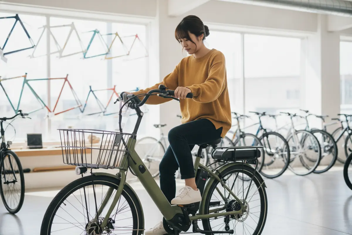 Rider checking electric tricycle fit and comfort during a buying guide test ride