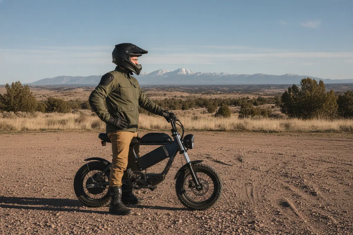 Rider checking fit beside a Stealth H52 mini-moto electric bike