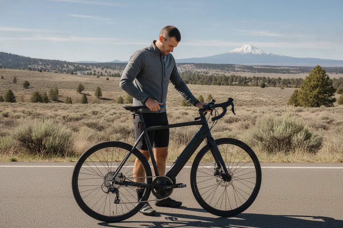 Rider checking fit on a Stealth P7 super commuter electric bike before a commute