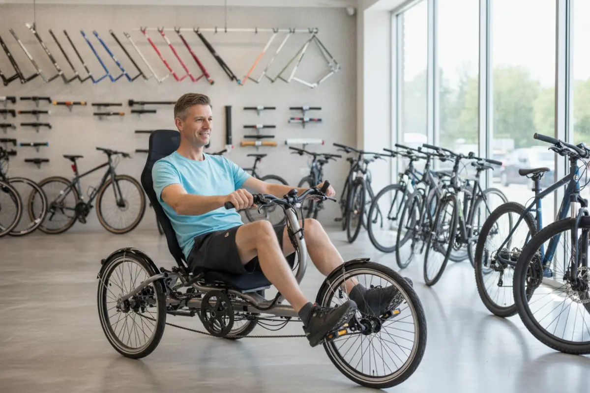 Rider checking seat position and handlebar reach on a recumbent electric trike in Bend
