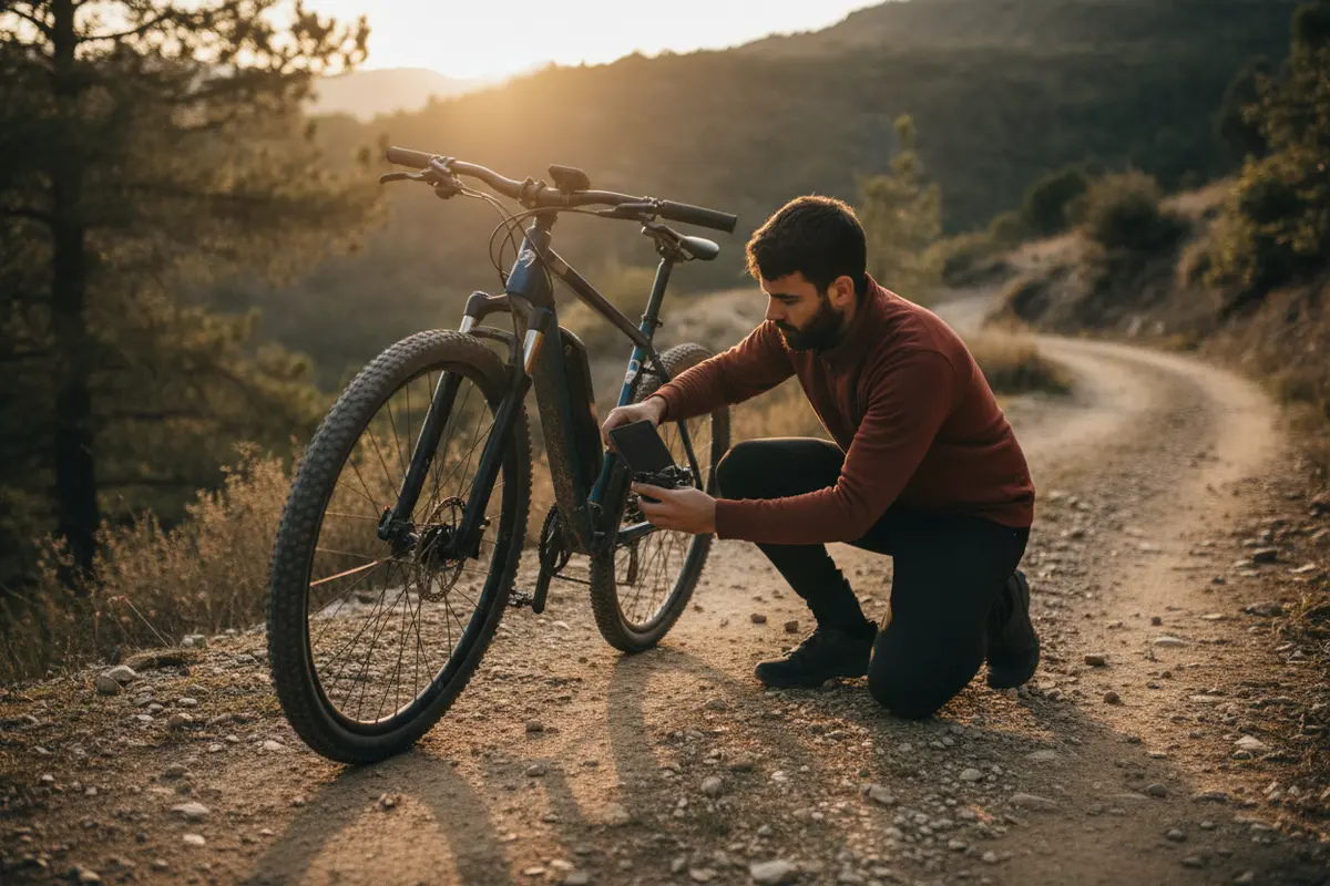 Rider safely checking an electric bike motor after a hill climb