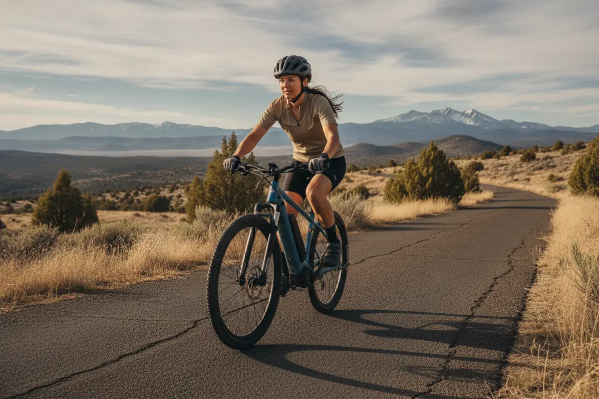 Rider testing torque-sensing e-bike pedal assist on a gentle Central Oregon hill