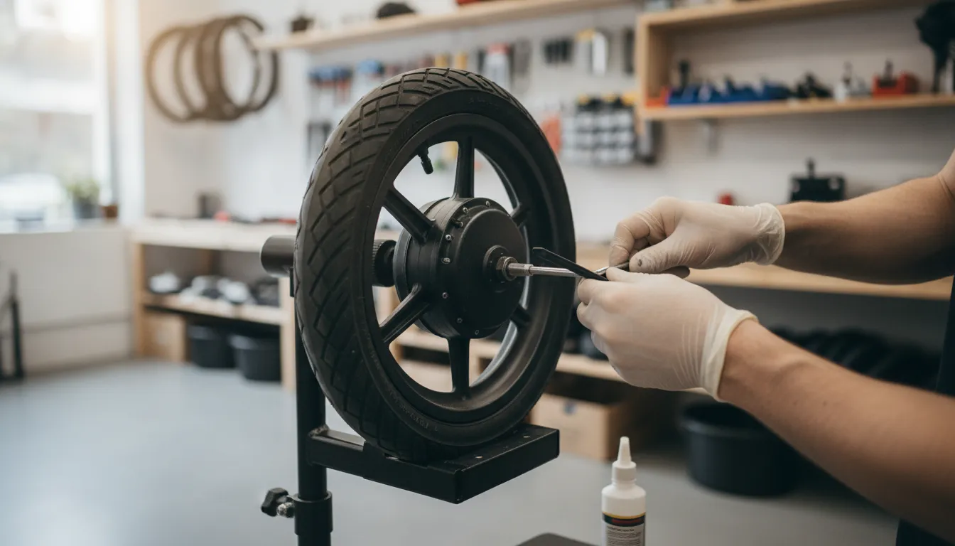 Technician checking an electric scooter wheel during tire replacement