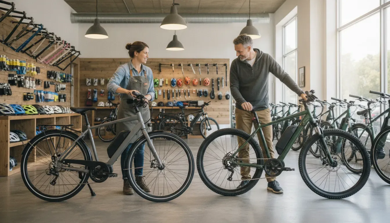 E-bikes for sale Central Oregon customer comparing commuter and adventure bikes in a showroom