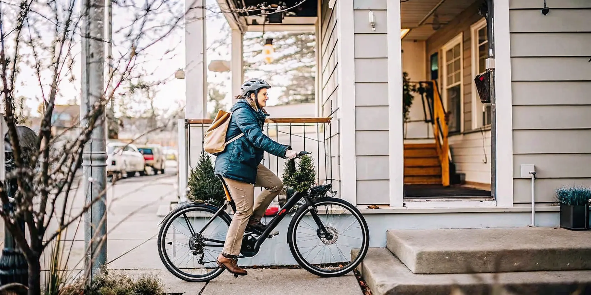 Rider mounting a step through electric bike for a Bend test ride