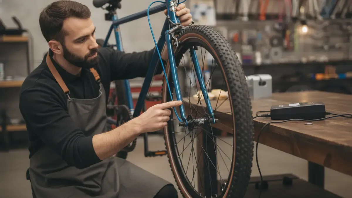 Technician inspecting an e-bike battery, charger, tire, and brake before a discount purchase