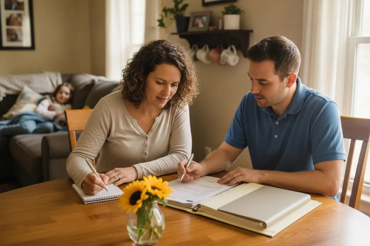 A parent and care coordinator review pediatric home nursing questions at home in Georgia