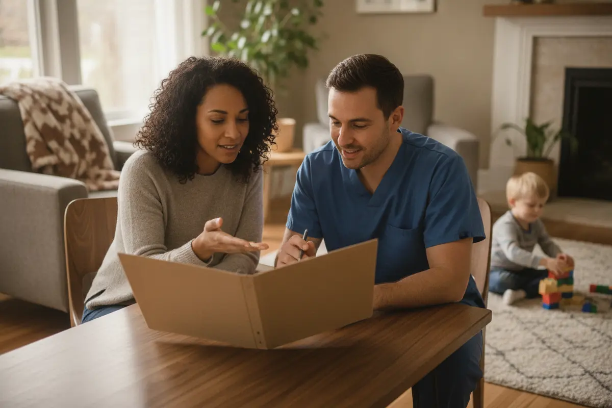 A parent and pediatric nurse discuss a child’s home care plan at a table