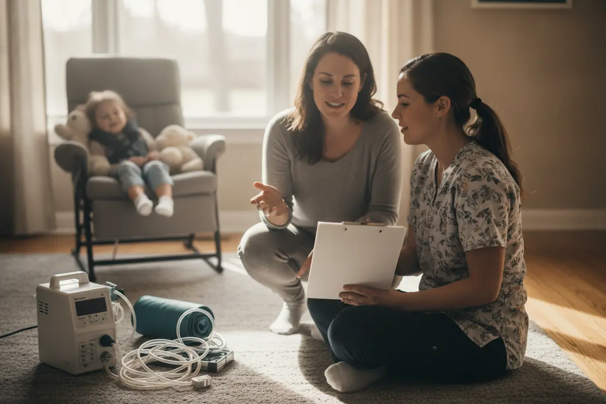 A parent and pediatric nurse discussing a home safety checklist near a child’s care area