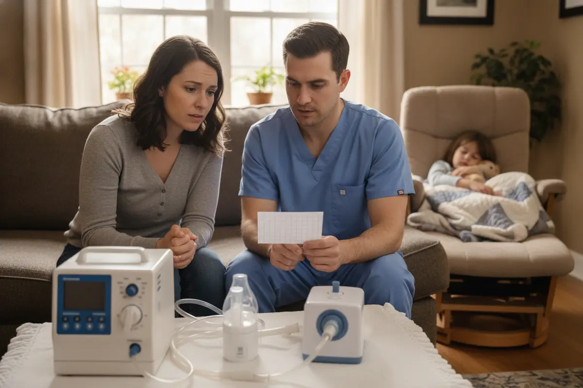 A parent and pediatric nurse review home medical equipment together
