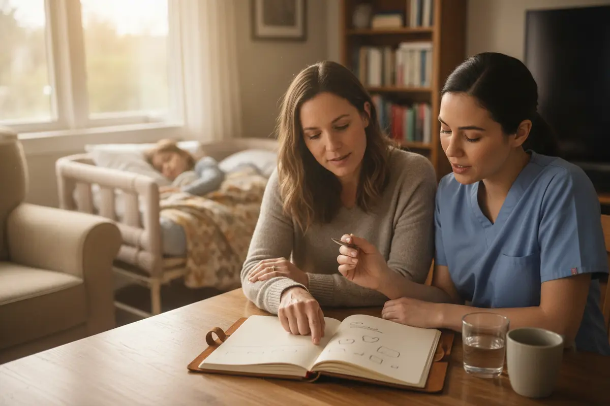 A parent and pediatric nurse reviewing a child’s care notes together at home