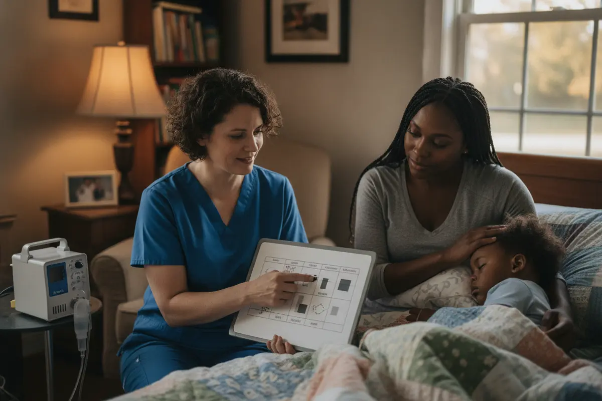 A pediatric nurse checks a written care plan with a parent before an overnight home nursing shift