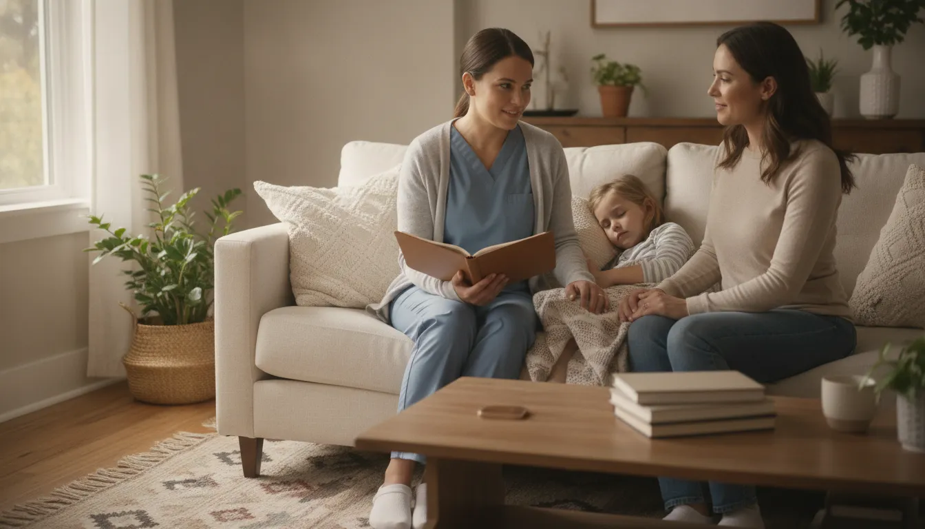 Pediatric nurse providing attentive care to a child in a comfortable home setting