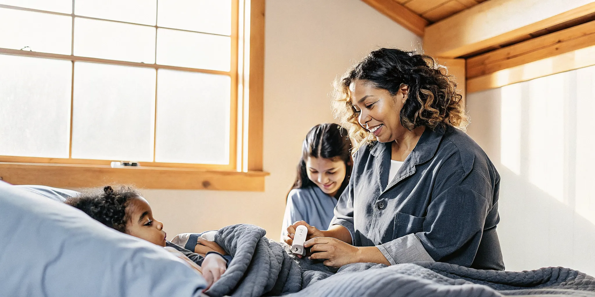 Pediatric home health nurse checking on a medically complex child in a warm Georgia home bedroom