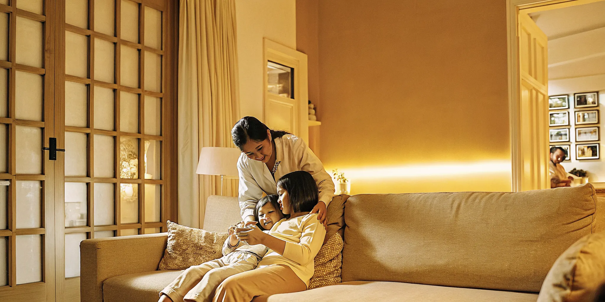 Pediatric nurse caring for a child at home while a parent watches in a warm, supportive environment