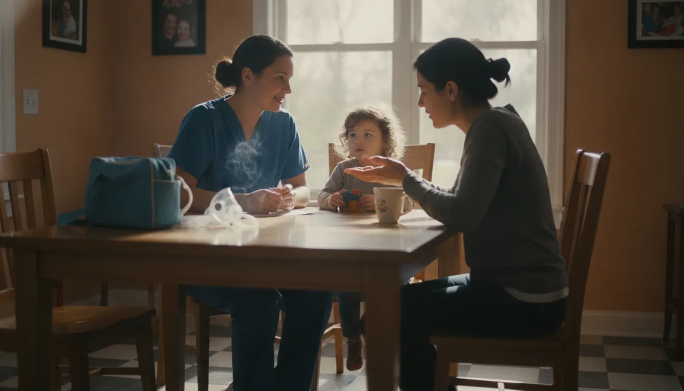 Pediatric nurse and family discussing care planning at home
