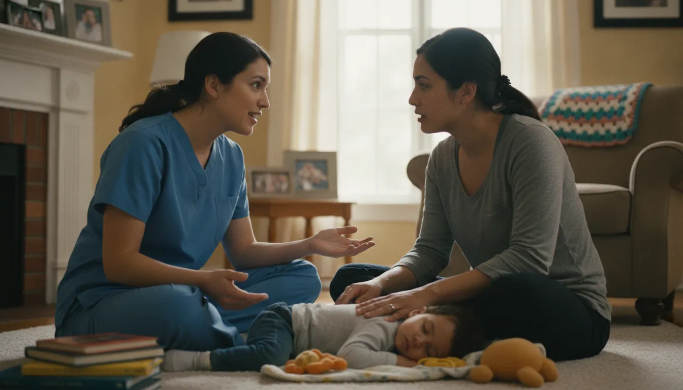 Pediatric nurse and parent discussing a child's home care needs in Georgia