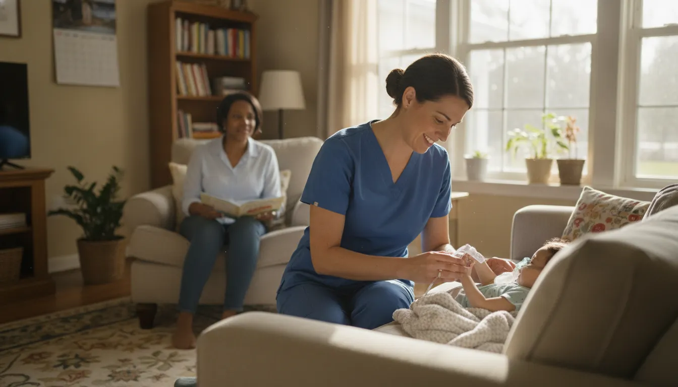 Pediatric nurse providing attentive in-home care to a medically fragile child