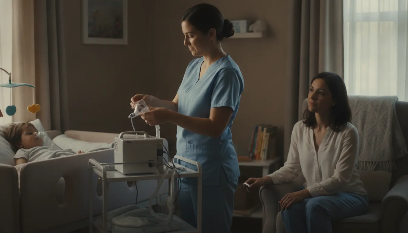 Pediatric nurse preparing in-home respiratory support