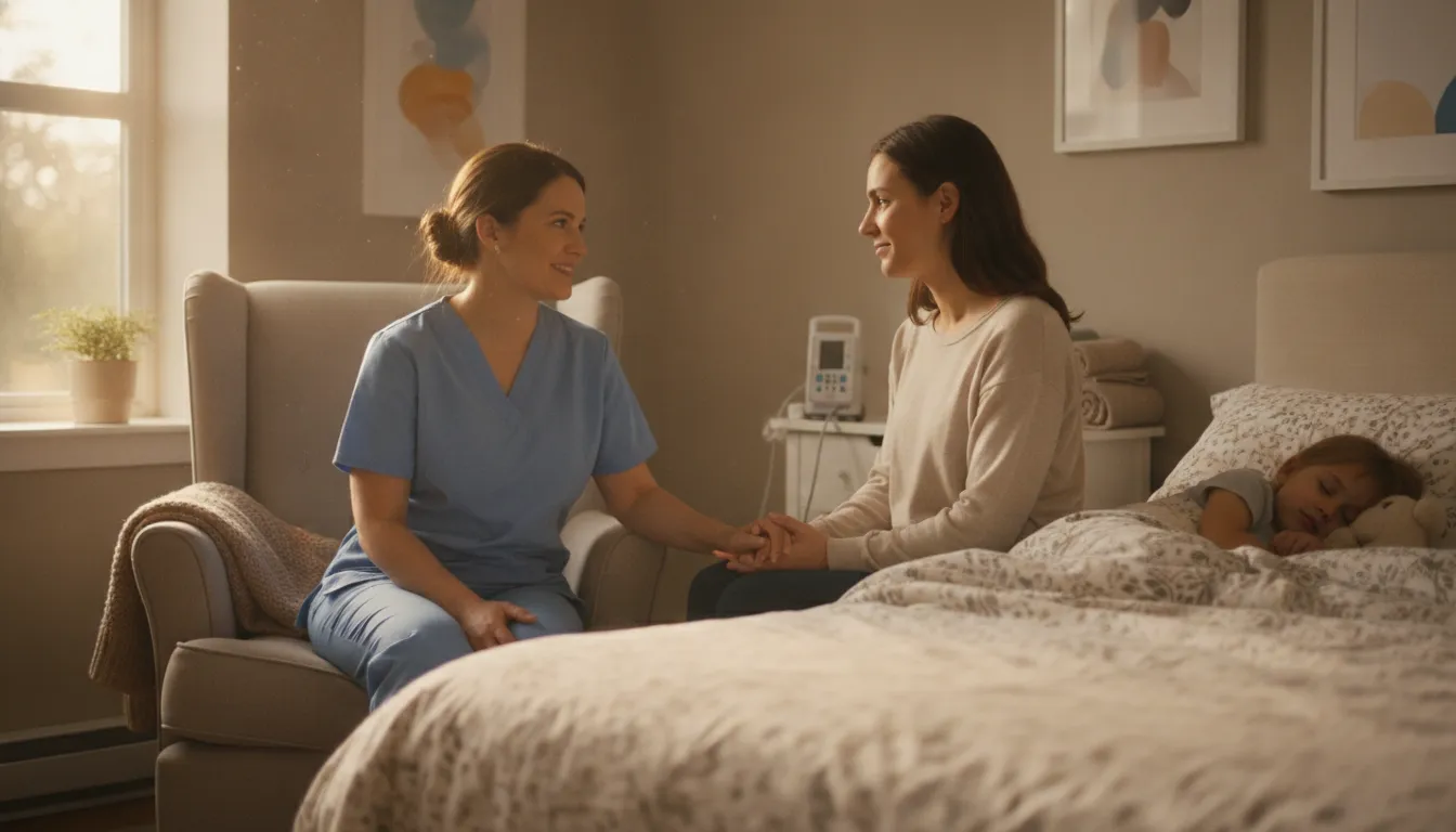 Pediatric nurse and parent discussing a home health quality assurance care plan