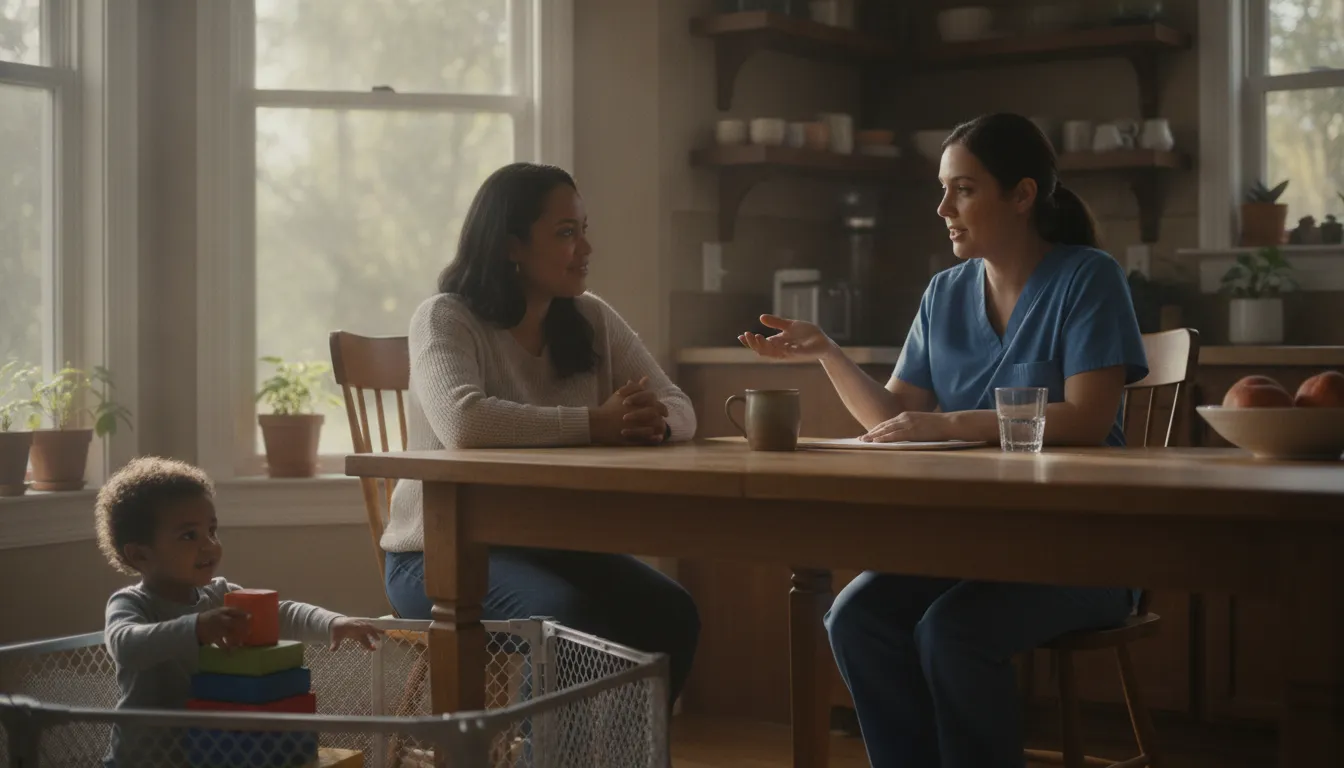 Pediatric nurse supporting a child and parent during in-home care in Georgia