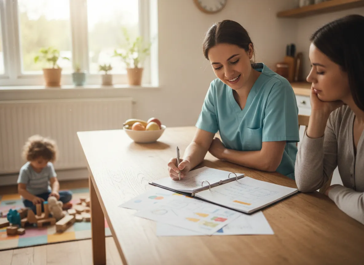 Pediatric nurse and parent reviewing a child care plan at home