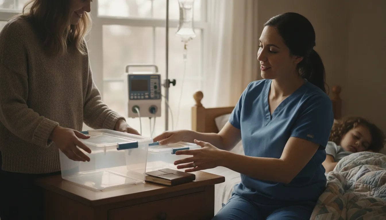 A parent and pediatric nurse organizing a care space at home