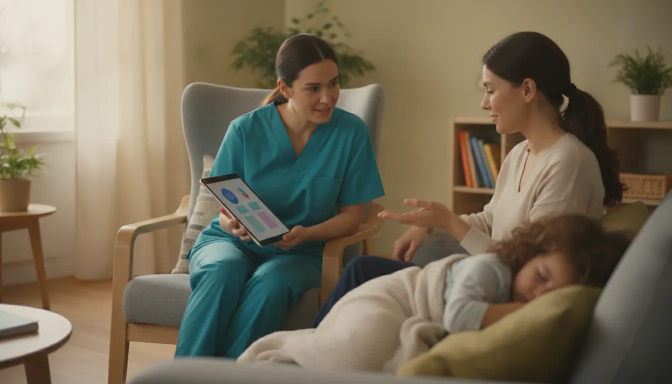 Registered nurse reviewing a pediatric care plan with a family at home in Northwest Georgia