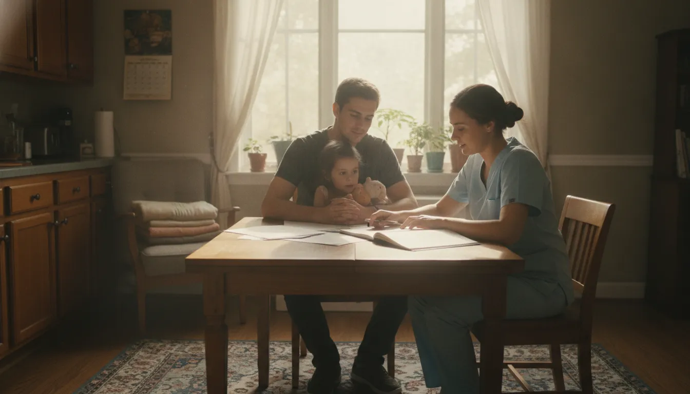 A pediatric nurse reviews care planning with a family at home in Georgia