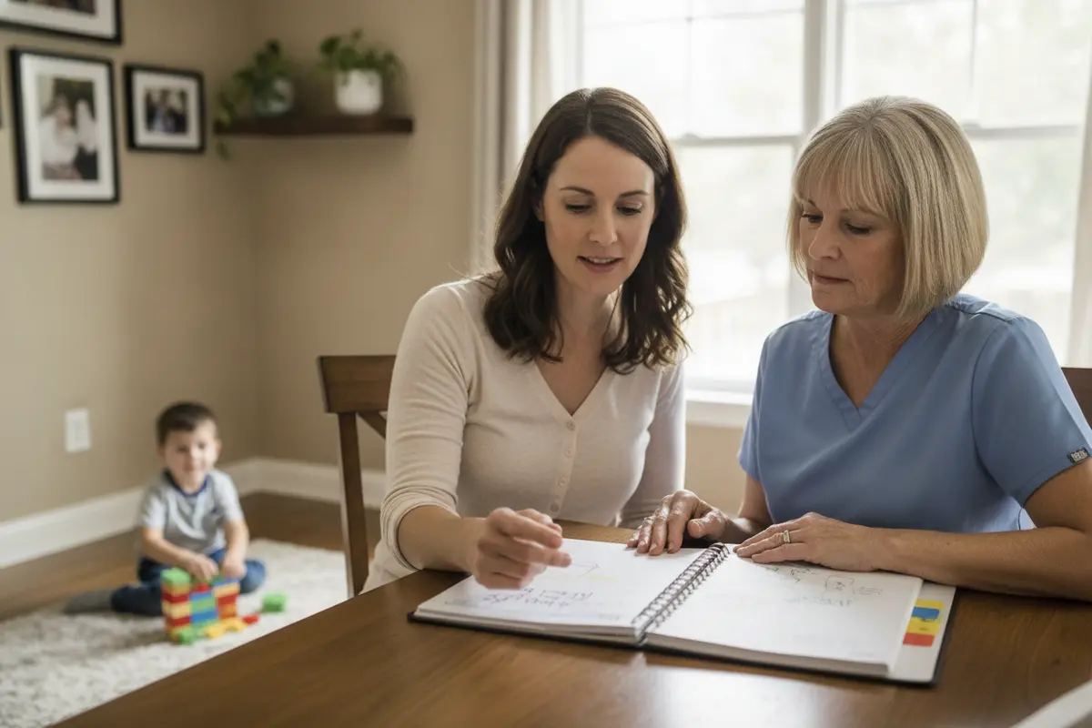 Parent and pediatric nurse discussing a child’s home care routine at a kitchen table