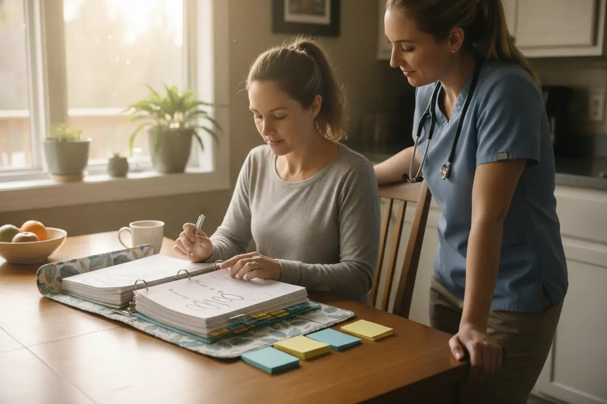 Parent and pediatric nurse organizing a child’s home care information